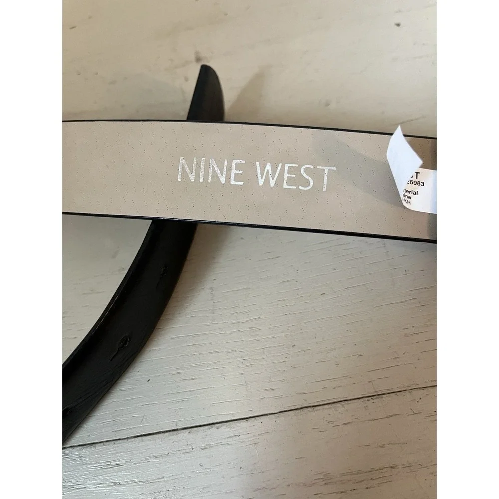 Nine West Women's Belt Size S 38X 1.1 Inch Black Faux Leather Silver Tone Buckle